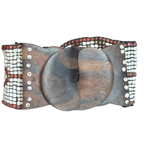 Vintage Boho Statement Wide Leather Belt Wood Bead Silver Adjustable Festival Michael Kors Vintage Boho Wood Bead Macrame Statement Waist  main image 4